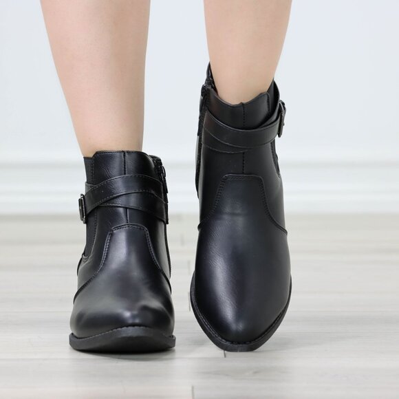 Black Ankle Boots Buckle Strap Faux Leather Low Heel Pointed Toe - Picture 5 of 11